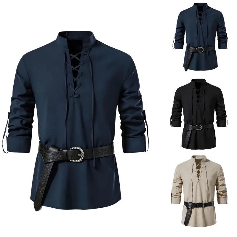 Medieval Gothic Lace Up Pirate Shirt - Erkekler için Orta Çağ Viking Gömleği,