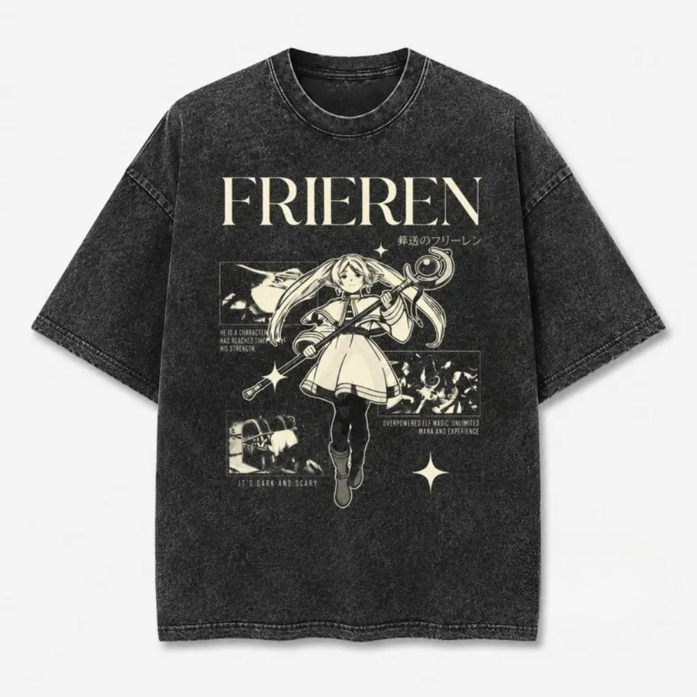 Acid Wash Vintage Graphic T Shirt - Vintage Frieren Anime Temalı, Asit Yıkama