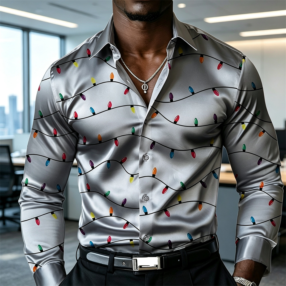 Mens Satin Silk Dress Shirt - Noel temalı erkek fener gömleği, saten